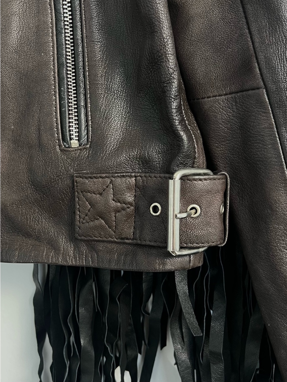 Nasty Gal Brown Leather Fringe Moto Jacket with Black Star - Picture 8 of 13